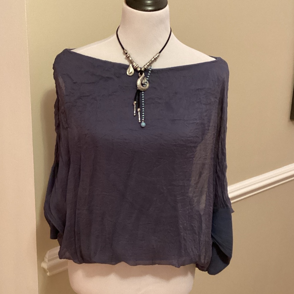 Elegant Navy Silk Blouson Women's Top